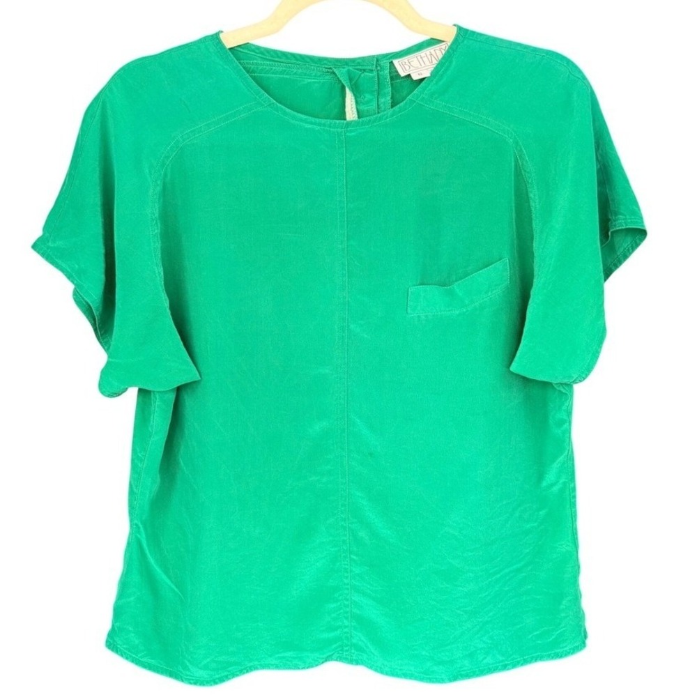 T11 1980s Vintage BETHANY 100% Silk Cap Sleeve Boxy Blouse‎ Top Kelly Green S